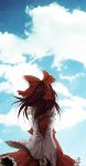  arms_behind_back bad_id bow brown_hair cloud clouds detached_sleeves from_behind hachitaba_(melanc6ly) hair_bow hakurei_reimu highres miko skirt sky solo touhou 