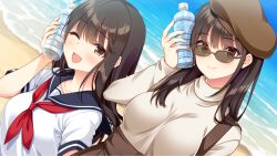  1girl ;d aizawa_yukari beach beret black_hair black_sailor_collar blunt_bangs blush bottle breasts brown-framed_eyewear brown-tinted_eyewear brown_eyes brown_hat brown_skirt closed_mouth day dutch_angle eyes_visible_through_hair fingernails game_cg hair_over_shoulder hand_up happy hat high-waist_skirt highres holding holding_bottle large_breasts long_hair long_sleeves looking_at_viewer mole mole_under_eye multiple_views neckerchief ocean official_art one_eye_closed open_mouth outdoors promotional_art red_neckerchief ren&#039;ai_hajimemashite sailor_collar school_uniform serafuku shirt short_sleeves skirt smile straight_hair sunglasses suspender_skirt suspenders tinted_eyewear turtleneck turtleneck_shirt unasaka_ryou upper_body water_bottle white_shirt yellow_shirt 