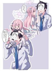  1girl angel_wings blue_archive blue_necktie cheek_pinching commentary doodle_sensei_(blue_archive) dress eugeo_032 feathered_wings flower hair_bun hair_flower hair_ornament halo highres long_hair low_wings mika_(blue_archive) multiple_views necktie open_mouth pinching pink_hair pink_halo sensei_(blue_archive) sensei_(blue_archive_the_animation) simple_background smile translation_request white_dress white_wings wings 