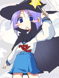  1girl black_cape blue_eyes blue_skirt blush bow bowtie cape cosplay hat highres hiiragi_tsukasa kita_high_school_uniform looking_at_viewer lucky_star nagato_yuki nm_shirasu purple_hair red_bow red_bowtie school_uniform short_hair skirt star_wand suzumiya_haruhi_no_yuuutsu tareme twitter_username witch_hat zoom_layer 
