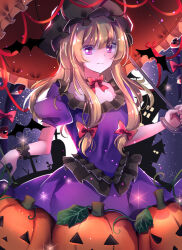  1girl bat_(animal) blonde_hair bow commentary_request cowboy_shot dress frilled_dress frilled_wrist_cuffs frills full_moon gap_(touhou) graveyard grey_hat hair_bow halloween hat hat_ribbon holding holding_umbrella jack-o&#039;-lantern light_smile long_hair long_sidelocks mansion mob_cap moon night night_sky orange_umbrella parasol puffy_short_sleeves puffy_sleeves pumpkin purple_dress red_bow red_ribbon ribbon short_sleeves sidelocks silhouette sky solo sparkle star_(sky) starry_sky tombstone touhou umbrella violet_eyes window_light wrist_cuffs yakumo_yukari zukapin 