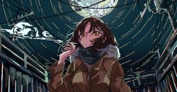  1girl absurdres breath brown_coat brown_hair coat commentary expressionless full_moon fur-trimmed_coat fur_trim grey_scarf hand_up highres hood hooded_coat ligne_claire long_hair long_sleeves looking_at_viewer moon night night_sky orange_eyes original outdoors parted_bangs parted_lips partially_unzipped power_lines scarf sky solo tattsun_(ta_tsuki) transformer upper_body utility_pole zipper_pull_tab 