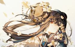  1girl bare_shoulders black_dress black_gloves black_hat closed_mouth dress floating_hair flower from_side gloves hair_bun hair_flower hair_ornament hand_up hat highres jacknavy liqing_(xinyue_tongxing) long_hair mini_hat mini_top_hat portrait profile red_eyes single_side_bun sleeveless sleeveless_dress smile solo tilted_headwear top_hat white_flower xinyue_tongxing yellow_background 