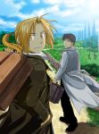  ahoge amber_eyes amber_eyes black_eyes black_hair blonde_hair brown_eyes edward_elric fullmetal_alchemist long_hair male ponytail roy_mustang short_hair smile suit two_males yellow_eyes 