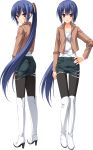  black__pantyhose black_legwear blue_hair boots denim_skirt hand_on_hip highres hips long_hair looking_back miniskirt muririn nagamitsu_maya noble_works pantyhose ponytail red_eyes shorts skirt thigh-highs thigh_boots thighhighs very_long_hair yuzu-soft 