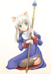  1girl animal_ears blue_dress blush brown_thighhighs cat_ears cat_girl closed_mouth commentary_request dress full_body garter_straps green_eyes grey_hair highres holding holding_staff juliet_sleeves kahis_(sweetbriar) long_sleeves looking_at_viewer priest_(ragnarok_online) puffy_sleeves ragnarok_online sitting smile solo staff thigh-highs 