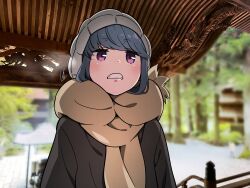  1girl beanie blue_hair blurry blurry_background clenched_teeth hat highres jitome scarf shima_rin solo teeth violet_eyes yas_(yosiyasuyasu) yurucamp 