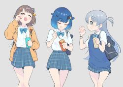  3girls alternate_costume bag blue_bow blue_bowtie blue_eyes blue_hair blue_skirt blue_sweater_vest bow bowtie brown_eyes brown_hair collared_shirt cowboy_shot dress_shirt drinking_straw gradient_hair grey_background grey_hair hair_flaps hair_ornament hairclip highres hood hood_down hoodie juice_box laughing looking_at_another miniskirt multicolored_hair multiple_girls niboshidrip one_eye_closed orange_hoodie plaid_clothes plaid_skirt pleated_skirt school_bag school_uniform sendo_yuuhi shirt short_hair short_sleeves shoulder_bag simple_background skirt smile streaked_hair sweater_vest tsumugi_kokage two-tone_background two-tone_hair virtual_youtuber vspo! white_shirt yano_kuromu 