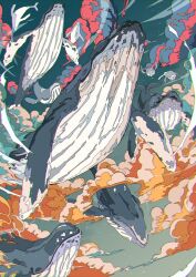  animal animal_focus chinese_commentary chromatic_aberration clouds commentary_request flying_whale green_sky highres humpback_whale ligne_claire multicolored_clouds no_humans original sky tattsun_(ta_tsuki) whale 