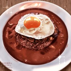  commentary_request egg_(food) food food_focus fried_egg gravy hamburger_steak highres ikuno_mana loco_moco no_humans original plate rice still_life 