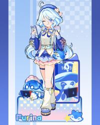  1girl absurdres ahoge alternate_costume artist_name bag belt beret blue_eyes blue_hair blue_nails blue_skirt bow cellphone child cosplay dafu_zhentan drop-shaped_pupils english_text full_body furina_(genshin_impact) furina_(genshin_impact)_(cosplay) genshin_impact gentilhomme_usher gloves hair_between_eyes hat highres holding holding_phone jacket long_hair long_sleeves looking_at_viewer mademoiselle_crabaletta one_eye_closed phone shirt skirt smartphone smile socks solo standing surintendante_chevalmarin symbol-shaped_pupils tongue tongue_out twintails white_hair 