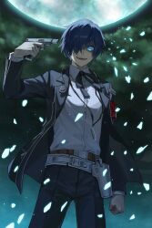 1boy absurdres armband black_jacket black_pants blue_eyes blue_hair blue_light clenched_hand clouds commentary crazy_smile evoker gekkoukan_high_school_uniform glowing glowing_eyes grey_sky gun_to_head hair_over_one_eye headphones highres jacket looking_at_viewer moon open_mouth pants persona persona_3 prayudi555 red_armband s.e.e.s school_uniform shirt sky smile solo white_shirt yuuki_makoto_(persona_3) 