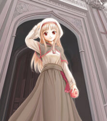  1girl 2000s_(style) apple arch brown_capelet brown_hair brown_skirt capelet closed_mouth commentary_request cowboy_shot food fruit hand_on_own_head headscarf holding holding_food holding_fruit holo kahis_(sweetbriar) long_hair long_sleeves looking_at_viewer outdoors red_eyes shirt shirt_tucked_in skirt smile solo spice_and_wolf white_headscarf white_shirt 