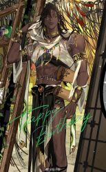  1boy abs absurdres armlet bare_shoulders belly_chain black_hair bottle bracelet bracer capelet chain chain_necklace chinese_commentary closed_mouth crop_top curtained_hair dark-skinned_male dark_skin earrings error:_weibuzudao fanta_(error:_weibuzudao) feet_out_of_frame gem gladiator_sandals gold_bracelet gold_choker gold_earrings hair_between_eyes happy_birthday highres holding holding_scroll hood hood_down hooded_shirt jewelry ji_zi_huai ladder leaf_earrings lips long_hair male_focus midriff multiple_necklaces necklace pectorals pelvic_curtain pendant plant removing_hood sandals scroll see-through_capelet see-through_clothes shelf shirt single_bare_leg sky sleeveless sleeveless_shirt smile standing thigh_strap very_dark_skin vines watermark watermark_grid weibo_watermark white_shirt wind_chime yellow_eyes yellow_sky 