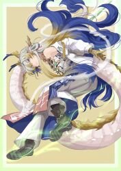  1girl absurdres arknights bare_shoulders blonde_hair blue_hair colored_extremities dragon_girl dragon_horns dragon_tail eastern_dragon_horns eastern_dragon_tail grey_eyes grey_hair grey_shoes highres horns jacket ken_(shutenndouji1) long_hair looking_at_viewer multicolored_hair off_shoulder pants parted_lips pointy_ears shoes shu_(arknights) solo strapless tail tube_top white_jacket white_pants white_tube_top yellow_hands 