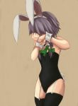  animal_ears bad_id braid bunny_ears bunny_tail bunnysuit covering_face embarrassed flat_chest garter_straps izayoi_sakuya opagi short_hair silver_hair simple_background solo tail thighhighs touhou twin_braids wrist_cuffs 