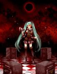  aqua_hair blue_eyes boots bowtie checkered checkered_floor detached_sleeves hatsune_miku headphones heterochromia long_hair megaphone michele red_eyes skirt solo speaker thigh-highs thigh_boots thighhighs twintails very_long_hair vocaloid 