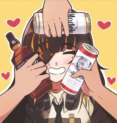  1girl 3boys absurdres alcohol beer_can black_jacket black_necktie blush bottle bottle_to_cheek braid budweiser can can_to_cheek can_to_forehead closed_eyes collared_shirt commentary drink_can eyepatch facing_viewer girls_frontline highres jack_daniel's jacket jeff_miga long_hair m16a1_(girls'_frontline) modelo_(beer) mole mole_under_eye multiple_boys necktie open_mouth shirt simple_background smile solo_focus white_mouth yellow_background yellow_shirt 