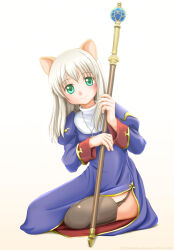  1girl animal_ears blue_dress blush brown_thighhighs cat_ears cat_girl closed_mouth commentary_request dress full_body garter_straps green_eyes grey_hair holding holding_staff juliet_sleeves kahis_(sweetbriar) long_sleeves looking_at_viewer priest_(ragnarok_online) puffy_sleeves ragnarok_online sitting smile solo staff thigh-highs 
