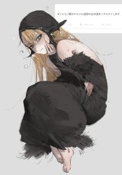  1girl absurdres asymmetrical_bangs back backless_dress backless_outfit bare_shoulders barefoot black_dress black_hood blonde_hair bright_pupils closed_mouth commentary detached_hood dress dungeon_meshi ear_covers elbow_on_arm elf feet fetal_position full_body fur-trimmed_sleeves fur_trim furrowed_brow green_eyes grey_background hand_on_own_face highres le_(szs0k) legs_together light_frown long_dress long_hair long_sleeves looking_to_the_side lying marcille_donato marcille_donato_(lord) nervous_sweating odaibako off-shoulder_dress off_shoulder on_side pointy_ears request_inset simple_background sleeves_past_wrists solo squeans sweat toe_scrunch toes translation_request white_pupils wimple 