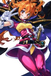  1girl cape check_copyright copyright_request etama_quomo fang gem gloves highres lina_inverse red_hair smile solo sword weapon white_background white_gloves 