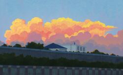  1other absurdres ambiguous_gender bilingual_commentary blue_sky building bush chromatic_aberration cloud_focus clouds cloudy_sky colorful commentary english_commentary evening fangpeii highres house ladder mixed-language_commentary multicolored_clouds on_roof original outdoors scenery sky sky_focus standing sunset tree very_wide_shot 