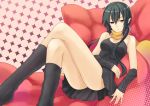  black_hair black_kneehighs black_legwear crossed_legs detached_sleeves dress kneehighs legs legs_crossed open_mouth original pointy_ears prime red_eyes short_hair sitting solo 