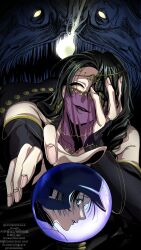  2boys absurdres anglerfish arabian_clothes bare_shoulders baseball_helmet black_hair commentary_request crossdressing crossdressing_(mtf) crystal_ball detached_sleeves eyes_visible_through_hair fish furrowed_brow gold_jewelry grey_eyes hand_on_own_face head_chain head_tilt helmet highres ino_akindo jewelry kaneyasu low_side_ponytail male_focus mouth_veil multiple_boys official_alternate_costume one_eye_closed parted_lips profile smile strikeout_pitch teeth trap tsuyuki_rin veil watermark yellow_eyes 