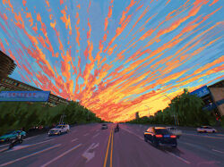  2others ambiguous_gender bicycle blue_sky building car chromatic_aberration cloud_focus clouds cloudy_sky colorful commentary_request evening fangpeii highres lamppost motor_vehicle motorcycle multicolored_clouds multiple_others on_motorcycle orange_clouds original outdoors pickup_truck red_clouds riding riding_bicycle road scenery signature sky sky_focus sports_utility_vehicle street sunlight sunset tree truck very_wide_shot yellow_clouds 