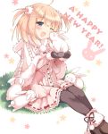  :d ;d blonde_hair blue_eyes blush bunny dress fur_trim hair_ornament happy highres mittens new_year open_mouth original pan_(mimi) pantyhose rabbit short_hair sitting smile solo star twintails wink 