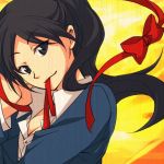  black_hair copyright_request long_hair mogiko mouth_hold ribbon smile solo 