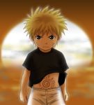  angry blonde_hair blue_eyes boy child black_eyes green_eyes male naruto seal short_hair solo sunset tattoo uzumaki_naruto young 