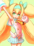  armpits blazblue blonde_hair bow fumio_(rsqkr) gloves green_eyes hair_bow heart heart-shaped_pupils humio long_hair low_wings platinum_the_trinity quad_tails symbol-shaped_pupils two_side_up wings 