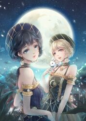  2girls a.tong argyle_clothes argyle_dress argyle_hat back_bow bare_shoulders beret black_choker black_dress black_hair blonde_hair blue_choker blue_dress blue_hat blue_ribbon bow bunny_moon_(shining_nikki) buttons chinese_commentary choker closed_mouth commentary cowboy_shot dated dress dual_persona earrings eyelashes forest frilled_armlet frilled_choker frilled_dress frills full_moon grey_eyes happy hat jewelry light_particles lipstick makeup medallion moon multiple_girls nature neck_ribbon night night_sky nikki_(series) official_alternate_color open_mouth outdoors petals pink_eyes pink_lips pleated_dress rabbit_on_shoulder red_lips ribbon shining_nikki short_dress short_hair signature sky sleeveless sleeveless_dress smile sphere_earrings standing star_(sky) starry_sky striped_bow striped_choker striped_clothes striped_dress teeth upper_teeth_only vertical-striped_clothes vertical-striped_dress yellow_bow 