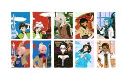  5boys 5girls black_hair black_hat blonde_hair blue_shirt bodysuit bodysuit_under_clothes border bracelet brown_hair brown_jacket brown_vest coat corbeau_(pokemon) cropped_shirt dark-skinned_male dark_skin emma_(pokemon) floette green_jacket green_necktie hair_bun hair_ornament hair_rings hand_in_pocket hand_up hands_up harmony_(pokemon) hashtag-only_commentary hat highres holding holding_poke_ball jacket jewelry lida_(pokemon) long_hair long_sleeves mable_(pokemon) majyo_(witch_poke) multiple_boys multiple_girls n_(pokemon) naveen_(pokemon) necktie open_clothes open_jacket orange_vest own_hands_together paxton_(pokemon) poke_ball poke_ball_(basic) pokemon pokemon_legends:_z-a red_shirt shirt taunie_(pokemon) topknot urbain_(pokemon) vest white_border white_coat white_hat white_shirt 