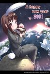 2011 animal_ears brown_eyes brown_hair bunny_ears bunny_tail chopsticks earth eating food formal higheast letterboxed long_hair mochi new_year orbit original pink_eyes sitting solo space suit tail takasaka_donten wagashi zouni_soup 
