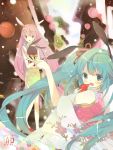  2girls alitou animal_ears aqua_eyes aqua_hair bad_id bunny bunny_ears hatsune_miku long_hair looking_back megurine_luka multiple_girls nail_polish new_year pink_hair rabbit stuffed_animal stuffed_toy twintails very_long_hair vocaloid 