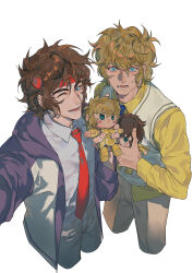  2boys absurdres alternate_costume armor ayaa_dj blonde_hair blue_eyes blue_necktie brothers brown_hair casual character_doll collared_shirt doll gold_armor gold_cloth gold_saint headband highres holding holding_doll hood hooded_jacket jacket leo_aiolia long_sleeves looking_at_viewer male_focus multiple_boys necktie nervous one_eye_closed open_mouth outstretched_arm reaching reaching_towards_viewer red_headband red_necktie sagittarius_aioros saint_seiya selfie shirt short_hair siblings smile stuffed_toy sweatdrop taking_picture vest white_background white_shirt yellow_shirt 