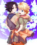   2boys alternate_costume black_eyes black_hair blonde_hair blue_eyes boy clouds duo jinchuuriki male naruto scout short_hair shorts sky smile spiky_hair uchiha_sasuke uzumaki_naruto  