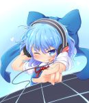  :p blue_eyes blue_hair bow bust cirno face foreshortening hair_bow hands headphones pointing solo symbol-shaped_pupils tec tongue touhou wink 