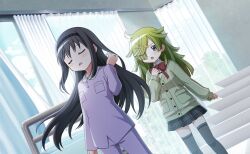  2girls akemi_homura aki_mabayu angry bed black_skirt blunt_bangs blunt_ends breast_pocket buttons closed_eyes collared_shirt cowboy_shot curtains day dot_nose dutch_angle eyes_visible_through_hair feet_out_of_frame floating_hair frown green_hair green_jacket grey_thighhighs hair_ornament hair_over_one_eye hairclip hand_in_own_hair hand_on_own_chest high_collar highres hospital hospital_bed indoors jacket light_blush long_hair long_sleeves looking_at_another magia_record:_mahou_shoujo_madoka_magica_gaiden mahou_shoujo_madoka_magica mahou_shoujo_madoka_magica_magia_exedra messy_hair miniskirt mitakihara_school_uniform multiple_girls open_mouth pajamas pants plaid_clothes plaid_skirt pleated_skirt pocket puffy_long_sleeves puffy_sleeves purple_pajamas purple_pants purple_shirt ribbon-trimmed_thighhighs ribbon_trim school_uniform shirt sidelocks skirt sleeves_past_wrists stairs sweatdrop sweater_jacket tareme thigh-highs tree violet_eyes yellow_shirt zettai_ryouiki 