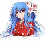  blue_hair blush bust dizzy flower guilty_gear hair_flower hair_ornament japanese_clothes kimono lily_(flower) long_hair new_year nt50 red_eyes smile 