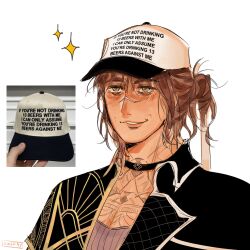  1girl baseball_cap black_choker black_jacket brown_hair chest_tattoo choker clair_obscur:_expedition_33 clothes_writing eaissilyysack green_eyes hair_bun hat highres jacket meme photo_inset portrait scar scar_on_face scar_on_nose sciel_(clair_obscur:_expedition_33) short_hair simple_background single_hair_bun solo sparkle tattoo white_background white_hat 