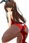  amagami animal_ears ass bare_shoulders black_legwear black_pantyhose blush brown_hair bunny_ears bunny_girl bunny_tail bunnysuit fake_animal_ears from_behind hairband high_heels kamizaki_risa long_hair looking_back open_mouth pantyhose shoes shouji_2 simple_background solo tail white_background 