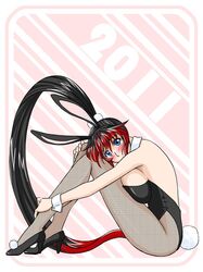  2011 animal_ears black_hair blue_eyes blush breast_press breasts bunny_ears bunny_tail bunnysuit cleavage fishnet_pantyhose fishnets hairband high_heels large_breasts leg_hug legs long_hair long_legs multicolored_hair nanbu_kaguya pantyhose ponytail ralsaz red_hair redhead shoes sideboob solo super_robot_wars super_robot_wars_og_saga_mugen_no_frontier tail thighs two-tone_hair very_long_hair wrist_cuffs 