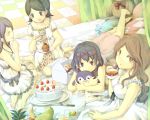  aki-t barefoot bird blue_hair brown_hair cake eating food glasses glasses_on_head green_hair inazuma_eleven inazuma_eleven_(series) kino_aki kudou_fuyuka long_hair looking_up multiple_girls otonashi_haruna penguin purple_hair raimon_natsumi short_hair smile stuffed_animal stuffed_toy tea 