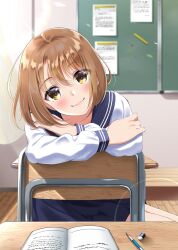  1girl blue_sailor_collar blue_skirt blurry blurry_background blush book brown_eyes brown_hair chair chalkboard choppy_bangs classroom closed_mouth commentary_request crossed_arms depth_of_field desk eraser highres hominotsu indoors long_sleeves looking_at_viewer mechanical_pencil on_chair open_book original pencil pleated_skirt pov sailor_collar school_chair school_desk school_uniform serafuku shirt short_hair sitting skirt smile solo white_shirt 