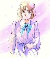  1girl blue_eyes blue_ribbon brown_hair dated highres kujira_gunsou lipstick long_sleeves makeup misonoo_nanako oniisama_e... parted_bangs pink_background purple_shirt ribbon shirt short_hair solo 
