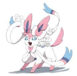 animal_focus avocado_539 black_eyes blue_eyes bow closed_eyes closed_mouth fangs full_body highres maushold maushold_(family_of_four) mouse_(animal) no_humans open_mouth pokemon pokemon_(creature) pokemon_focus ribbon riding riding_pokemon simple_background smile sylveon tail white_background 