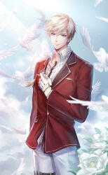  1boy artist_request belt belt_buckle bird black_belt blazer blonde_hair blue_eyes blue_sky breast_pocket buckle buttons closed_mouth clouds collarbone collared_jacket collared_shirt cowboy_shot day dove dress_pants floating_hair flock flower game_cg gloves hair_between_eyes half_gloves hand_on_own_chest happy highres holding holding_jewelry holding_necklace jacket jewelry lapels layered_sleeves light_particles light_rays loen_(shining_nikki) long_sleeves looking_at_viewer necklace nikki_(series) notched_lapels official_art outdoors pants pocket red_jacket shining_nikki shirt short_hair sky smile solo standing striped_clothes striped_shirt sunlight thigh_belt thigh_strap vertical-striped_clothes vertical-striped_shirt white_flower white_gloves white_pants white_shirt wind 